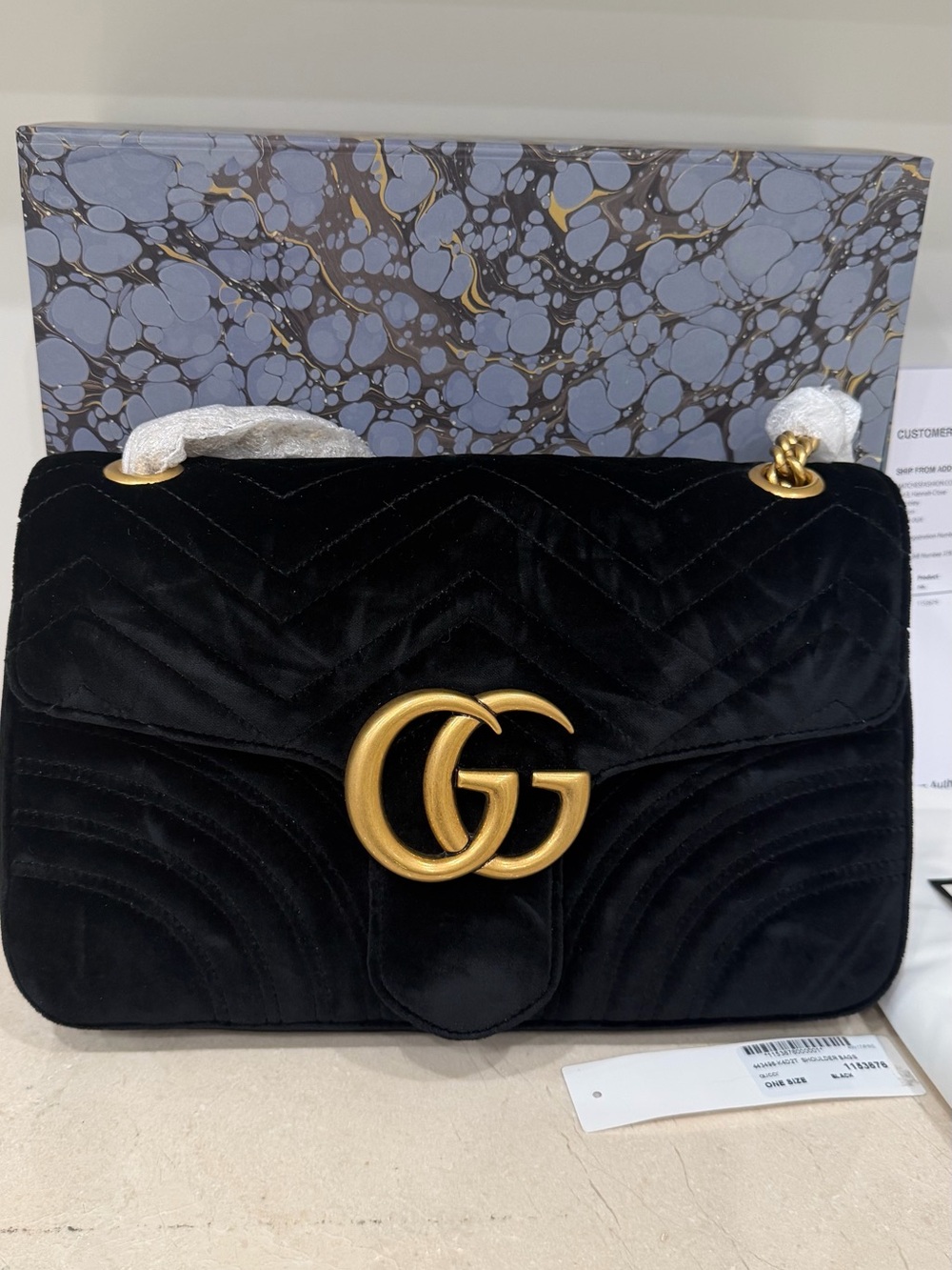 Gucci GG Marmont Crossbody Shoulder Bag in Black Velvet W/ Gold Hardware